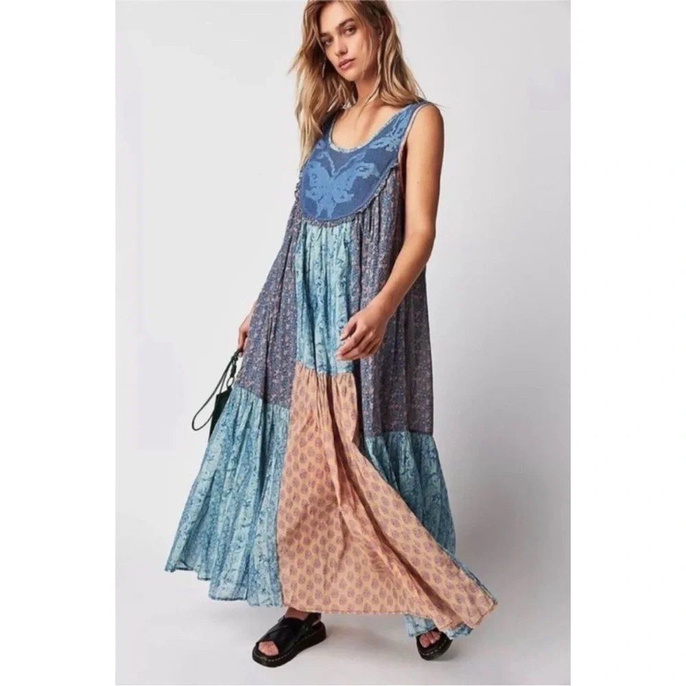 Free People Bohemian 70s Patchwork Hippie Lost Palms Craft Maxi Dress Medium - Picture 7 of 17